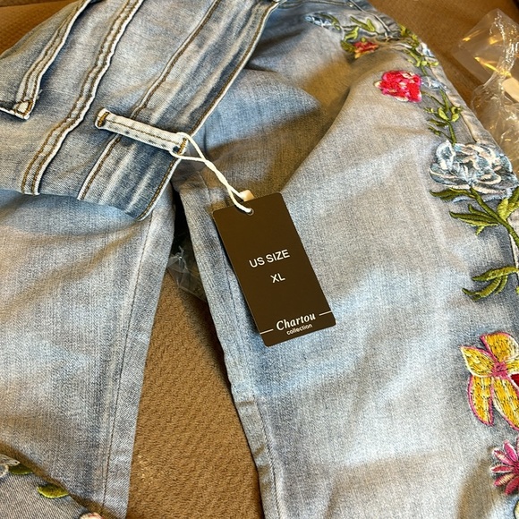 Womens 70’s Floral Embroidered High-Rise Bell Bottom Flare Jeans Denim Pants - Picture 10 of 10